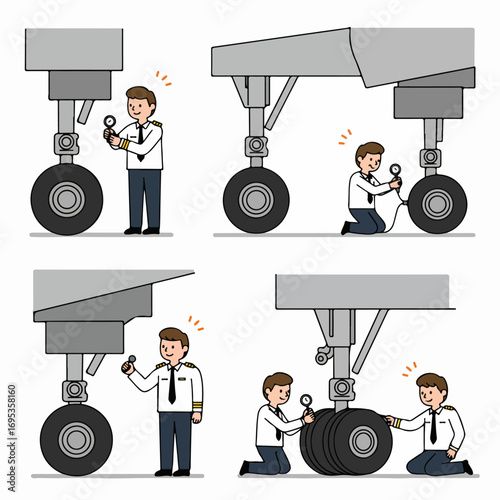 Aviation professional performing a pre-flight inspection, checking aircraft landing gear and tire pressure with a gauge to ensure flight safety.