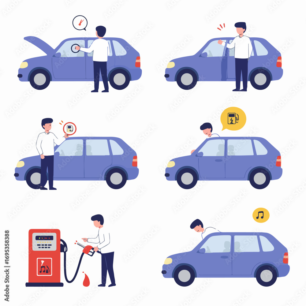 Naklejka premium Man encountering and resolving common car problems: engine check, flat tire, lockout, low fuel, and refueling his vehicle.