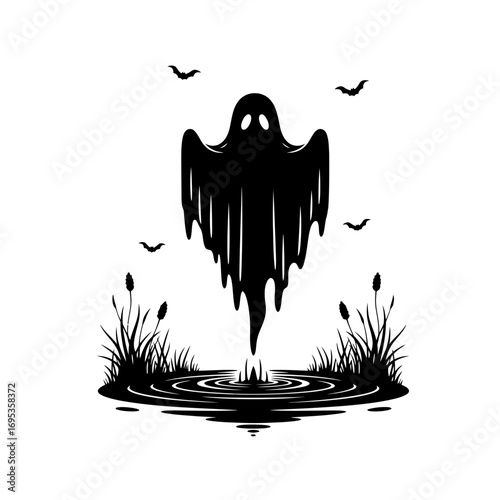 Spooky ghost emerging from water with bats and reeds