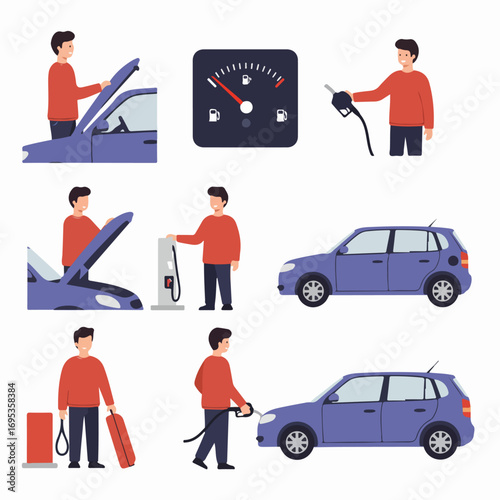 Man refueling car and managing fuel levels: a comprehensive illustration of automotive care and gas station activities.