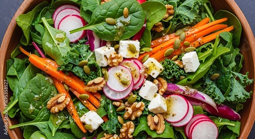 A vibrant, colorful salad featuring fresh spinach, kale, radishes, carrots, and walnuts, dressed with a light vinaigrette and topped with pumpkin seeds and feta cheese.