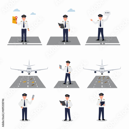 Flat design collection of diverse pilot characters in uniform performing various tasks, alongside airplanes on a runway, suitable for aviation and travel themes.