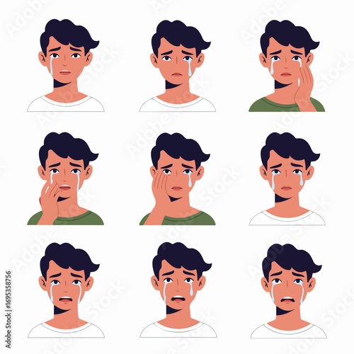 Cartoon collection of a young man crying, depicting various expressions of sadness, sorrow, and emotional distress. Illustrating grief and tears.