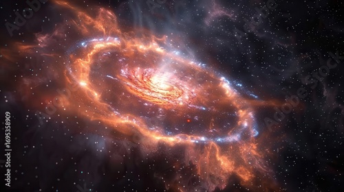 Vibrant spiral galaxy with glowing orange and blue nebulae against a dark starry cosmos, showcasing a cosmic phenomenon.