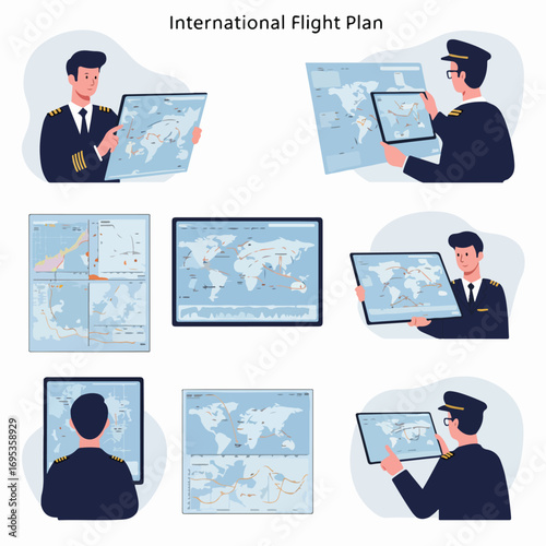 Pilots Reviewing International Flight Plans and Global Air Routes on Maps and Digital Devices for Air Travel Navigation and Preparation