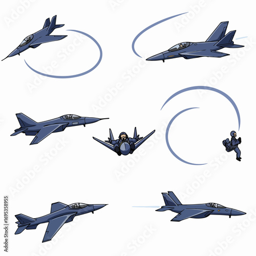 Cartoon fighter jet set depicting aerial maneuvers, flight paths, and a dramatic pilot ejection scene against a white background.