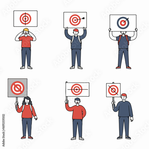 Diverse people holding target signs, illustrating concepts of success, failure, goals, and strategic achievement or missed objectives in a minimalist vector style.
