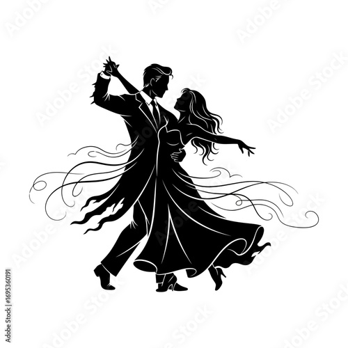 Elegant couple dancing in silhouette with flowing garments