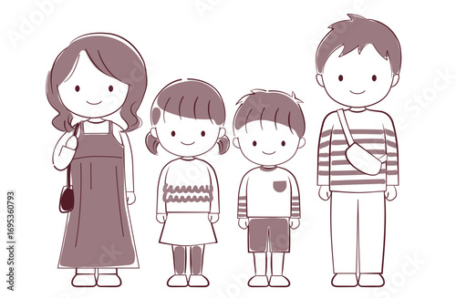 男女の子供がいる若い両親の4人家族イラスト