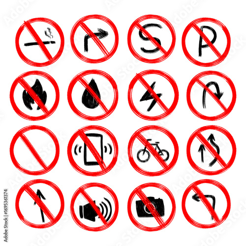 A collection of sixteen hand-drawn prohibition signs with red circles and diagonal lines, indicating various forbidden actions. Free Download A collection of sixteen hand-drawn prohibition signs with red circles and diagonal lines, indicating various forbidden actions. - GFXLoad