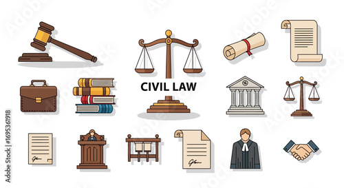 Civil Law Icons - Gavel, Scales, Documents, and Courthouse Illustration.