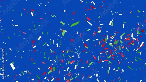 red, green and white confetti falling in front of blue screen chroma key. Italian national flag colors. Celebration animation.