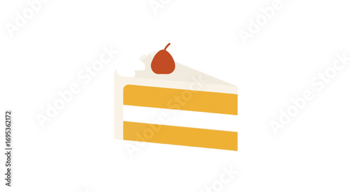 A simple flat graphic illustration of a layered yellow cake slice with white frosting and a red cherry on top.