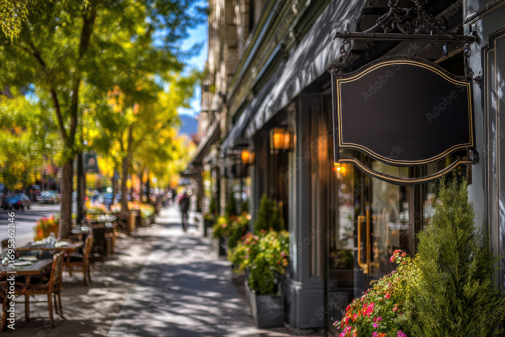 Fototapeta premium Charming Restaurant Exterior. Inviting dining space surrounded by autumn foliage.