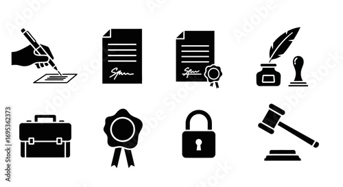 A collection of black solid glyph icons representing law, justice, contracts, and legal services.