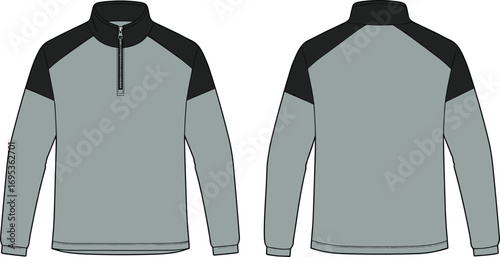 Color Block Quarter Zip Pullover Technical Flat Sketch with Long Sleeves and Stand Collar – Front and Back View Illustration