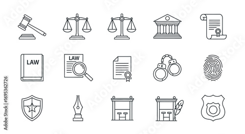 Law and justice thin line icon set featuring a gavel, scales, courthouse, and handcuffs.