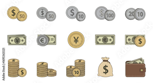 Cartoon money icons collection - dollar, euro, yen coins, banknotes, stacks, money bag, wallet.