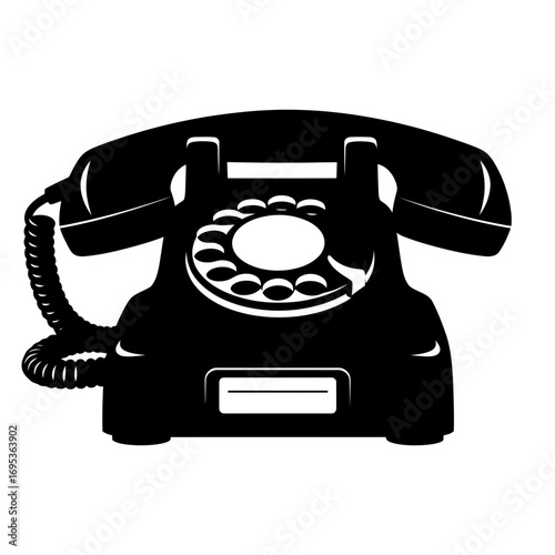Vector art of black silhouette of a vintage rotary dial telephone with a coiled cord