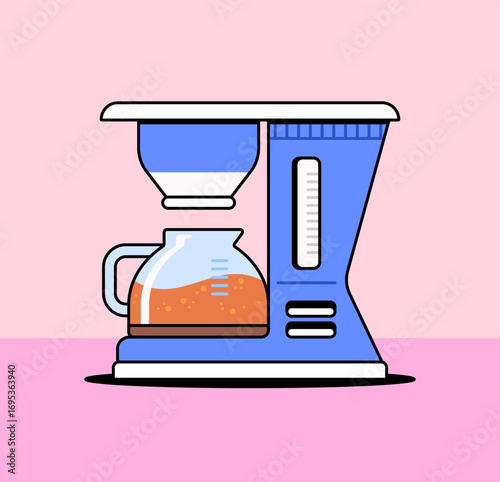 Cartoon vector illustration of a modern coffee maker with a glass pot filled with fresh brewed coffee. Perfect for cafe design, breakfast themes, kitchen appliances, beverage concepts