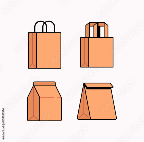 Different types of paper bags and lunch packaging, including shopping bags with handles and folded food bags. Great for eco-friendly packaging, grocery shopping, food delivery vector illustration