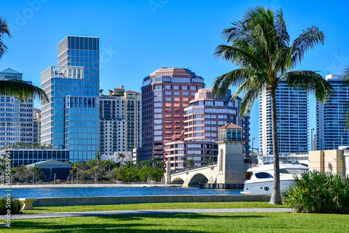 Looking across the river to downtown West Palm Beach near Royal Park Drawbridge in Palm Beach County, Florida