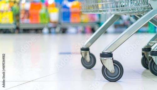 Low angle view of shopping carts in supermarket, focusing on their wheels