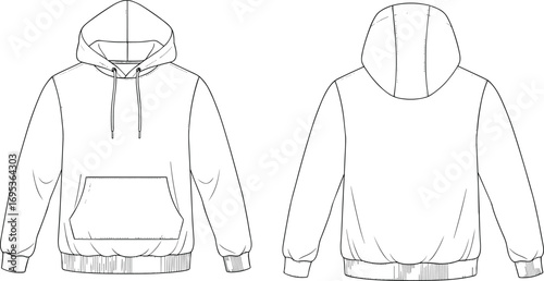 Front and back technical flat sketch of hoodie with drawstring hood, kangaroo pocket, ribbed cuffs and hem for fashion design