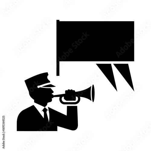 Vector art of silhouette of a man in a uniform blowing a bugle with a flag behind him