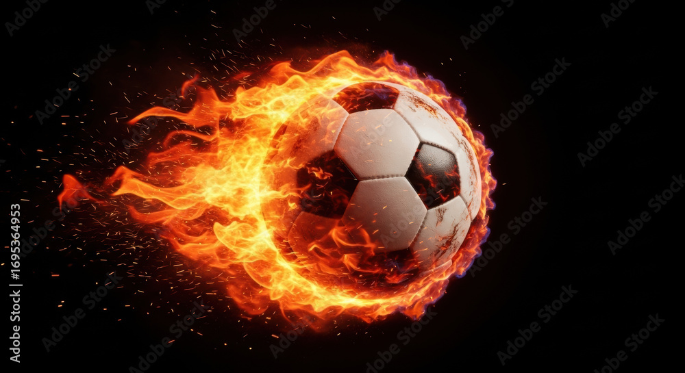 Naklejka premium Fiery soccer ball in motion, intense sports action, dark background, dramatic imagery, perfect for sports marketing campaigns