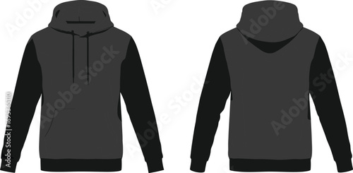 Men’s casual hoodie vector illustration, front and back views, long sleeve pullover with hood, sporty comfortable design, fashion outerwear template