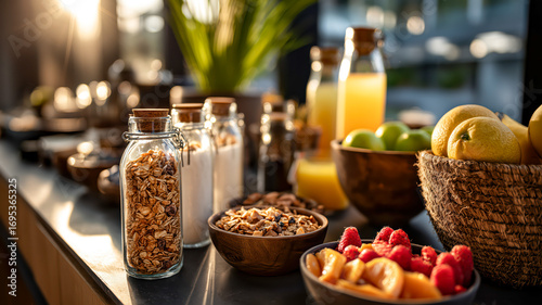 A vibrant selection of breakfast and brunch foods set out buffet-style. Great for a health-conscious lifestyle and morning meal.