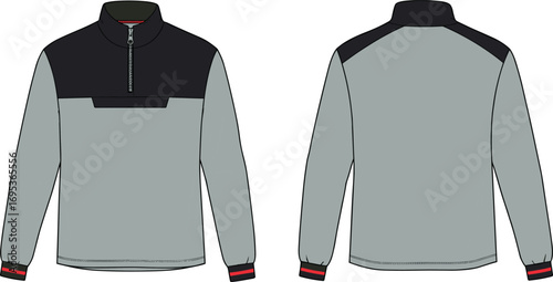 Men’s casual jacket vector illustration, front and back views, zip-up pullover, sporty design, long sleeves, modern outerwear template