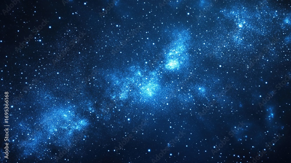 Fototapeta premium Dark blue starry background (night sky/space theme)—stars glow in blue shades, small white light dots; intricate star pattern across frame, creates depth & vastness; high-definition, high-quality