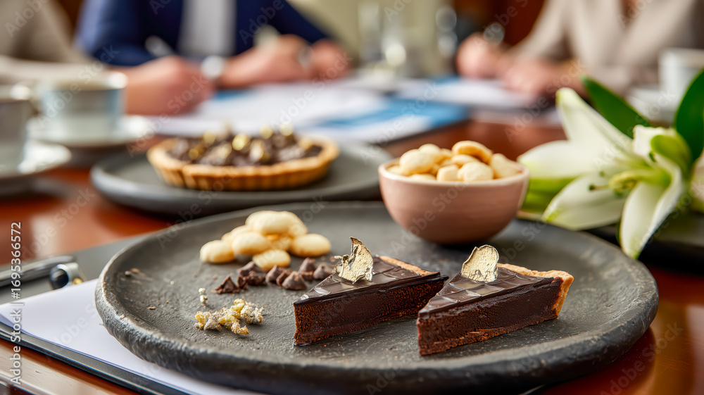 Naklejka premium Gourmet Chocolate Tarts: Decadent dessert with rich dark chocolate, nuts, and edible gold leaf detail. Sweet indulgence!