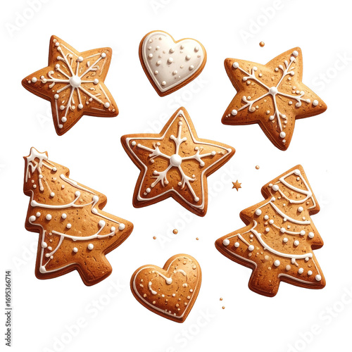 Gingerbread cookies in festive shapes isolated on white background, perfect for Christmas and holiday food design projects.