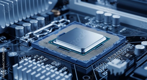 Cool Toned Computer Processor Chip on Circuit Board Macro