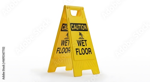 Prominent yellow warning sign for hazardous wet floors, essential for pedestrian safety in public and commercial environments, preventing slips and falls