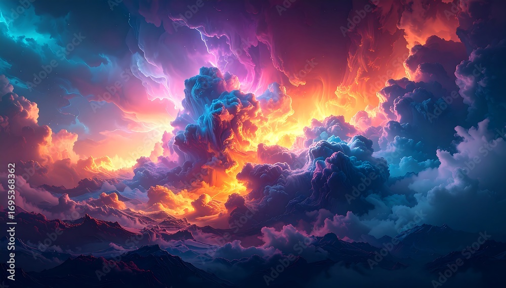 Naklejka premium Colorful, vibrant cloudscapes over a mountainous horizon