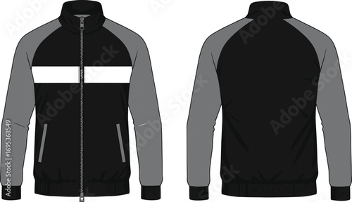Vector illustration of front and back zip-up track jacket with color block sleeves, perfect for sportswear design and fashion mockups.