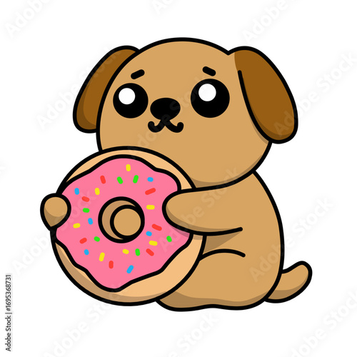 Illustration of a puppy hugging a donut, use this design for icons, stickers or for editing purposes. 