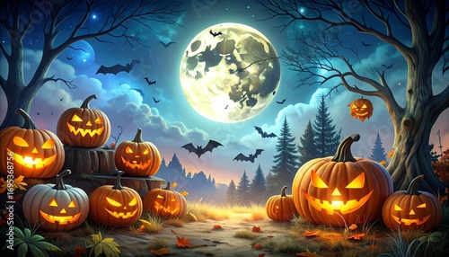 Spooky Halloween night scene with glowing jack-o'-lanterns, full moon, and flying bats