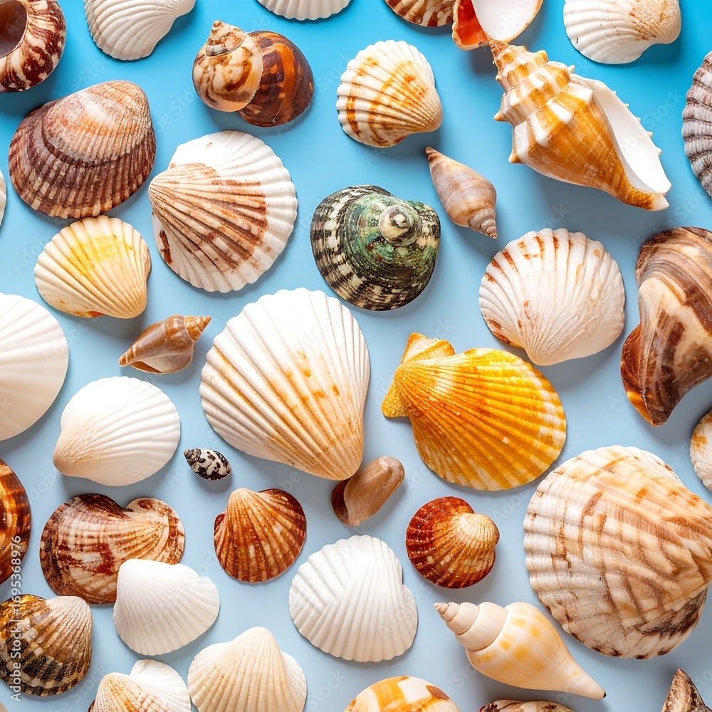 Colorful seashells on a blue background