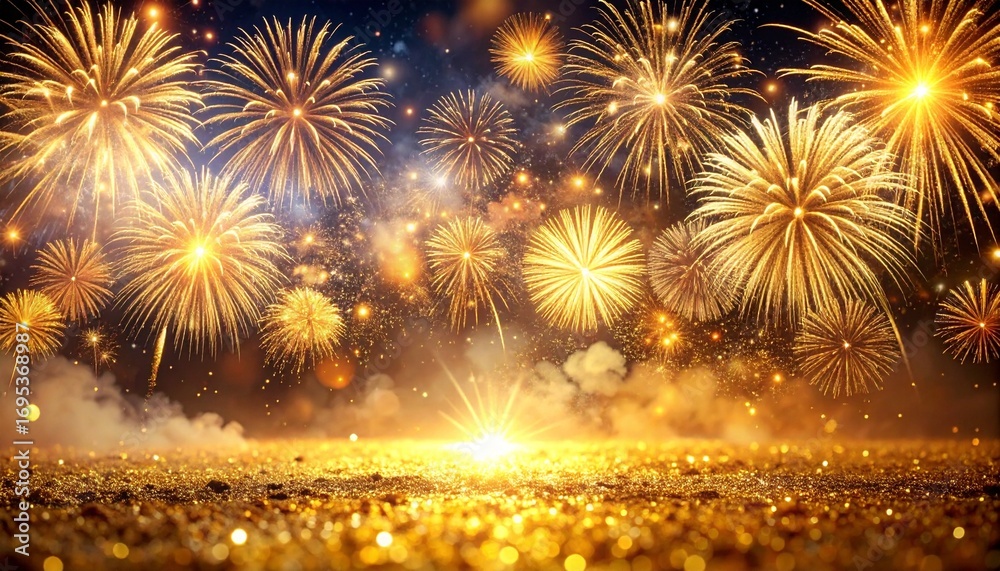 Fototapeta premium Dazzling golden fireworks explode brilliantly illuminating a glittering ground creating a celebratory festive atmosphere