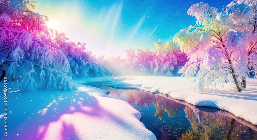 Fototapeta premium Winter wonderland landscape with snow covered trees and a stream of water