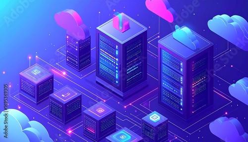 Modern data center servers connect to cloud storage in vibrant neon blue and purple digital network