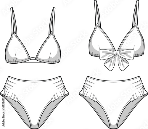 Bikini fashion vector, swimwear design illustration, women’s beachwear template, trendy lingerie drawing, summer outfit, stylish underwear, swimsuit sketch