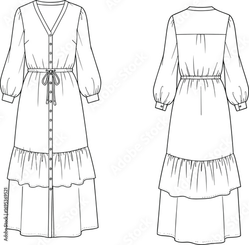 Women’s long sleeve button-down dress vector illustration with waist tie, ruffled hem, front and back views, casual fashion design