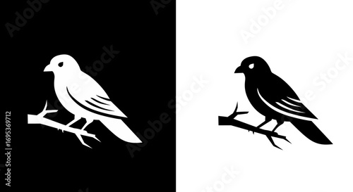 Minimalist Bird Silhouette Perched on Branch in Black and White Design