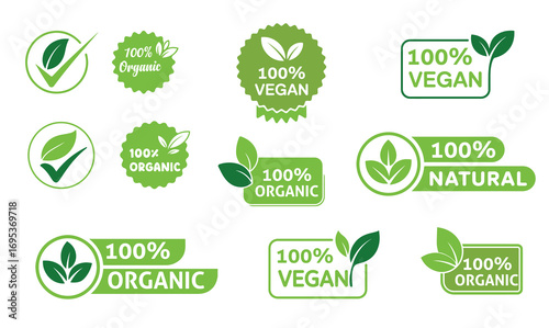 Green natural labels showcase hundred percent organic, vegan, and natural products against a white background